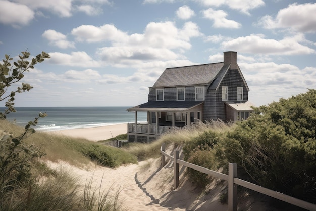 Extérieur de la maison Cape Cod avec vue sur la plage et les vagues au loin créées avec une IA générative