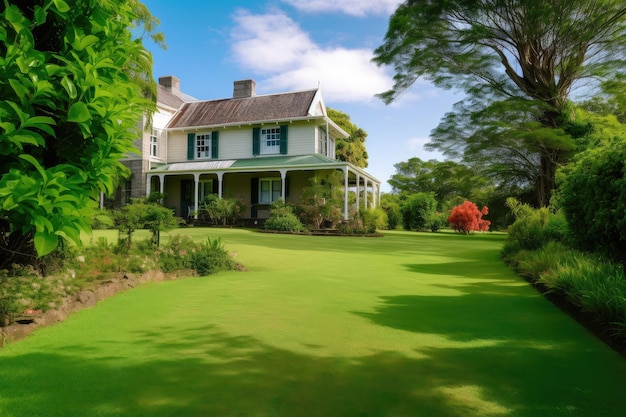 Extérieur de la maison coloniale avec vue sur la pelouse et les jardins luxuriants sur fond de ciel bleu