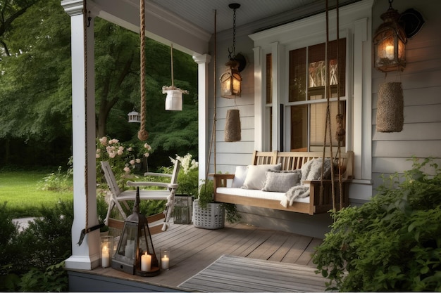 Extérieur de maison confortable avec balançoire et lanternes de jardin pour une atmosphère sereine