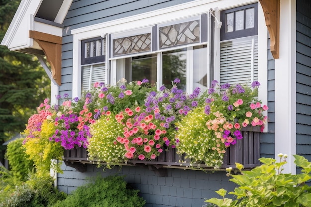 Extérieur de maison confortable avec jardinière remplie de fleurs colorées et de verdure