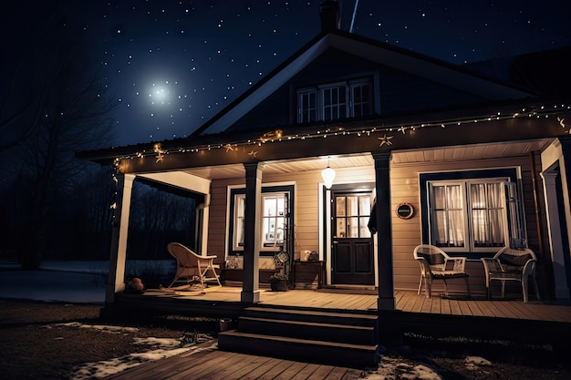 Extérieur de maison confortable la nuit avec des lumières de porche accueillantes et des lanternes contre le ciel étoilé