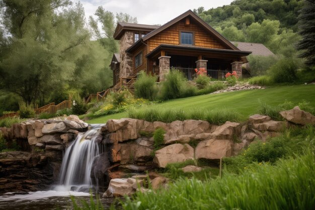 Extérieur de la maison du ranch avec une belle verdure et une cascade en arrière-plan créée avec une IA générative