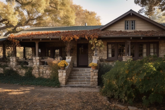 Extérieur de la maison du ranch avec porche recouvert de vigne et fauteuil à bascule créé avec une IA générative