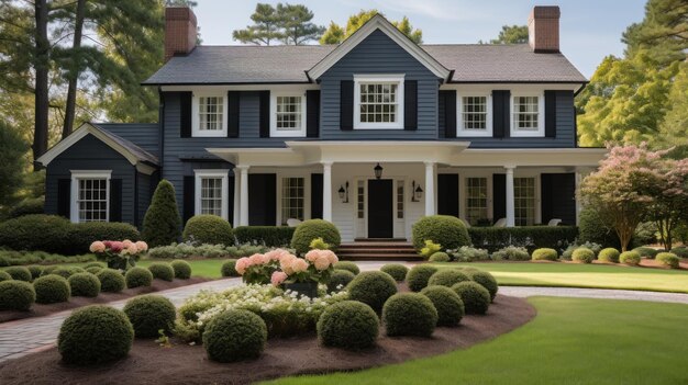 Extérieur d'une maison familiale en brique de style colonial avec des tuiles noires