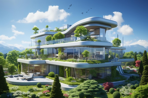Extérieur de maison futuriste avec un concept de jardin sur le toit et une couleur verte