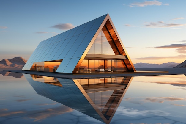 Extérieur de maison futuriste avec concept de verre réfléchissant et couleur dorée