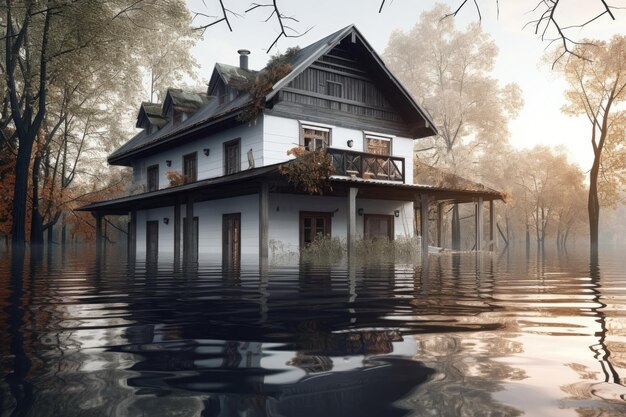 Extérieur de la maison inondé avec un toit endommagé par la tempête créé avec une IA générative