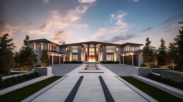 Extérieur de maison de luxe moderne avec jardin et beau ciel