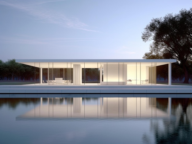 L'extérieur d'une maison moderne basée sur l'architecte Fran Silvestre et Mies van der Rohe et dessinant des panneaux blancs et une maison en verre