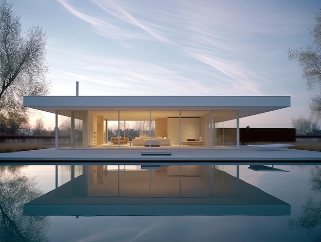 L'extérieur d'une maison moderne basée sur des panneaux blancs et de verre conçus par un architecte