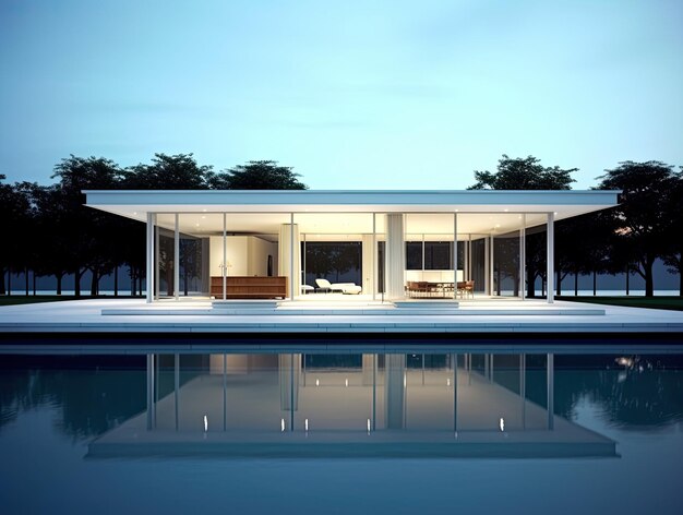 L'extérieur d'une maison moderne basée sur des panneaux blancs et de verre conçus par un architecte