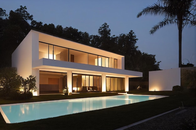 Extérieur de maison moderne et cher dans des tons marron beige et piscine confortable