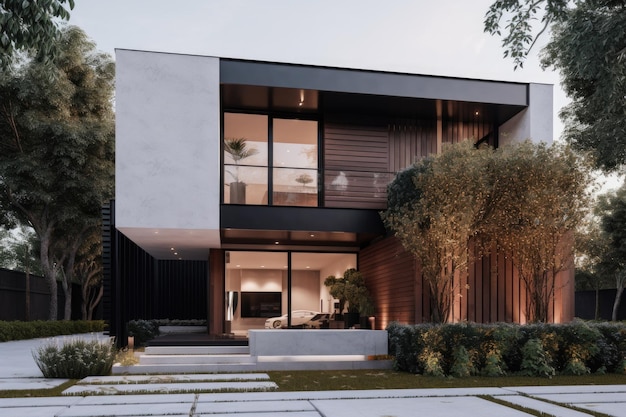 L'extérieur d'une maison moderne avec des détails de conception élégants et minimalistes créés avec un AI génératif