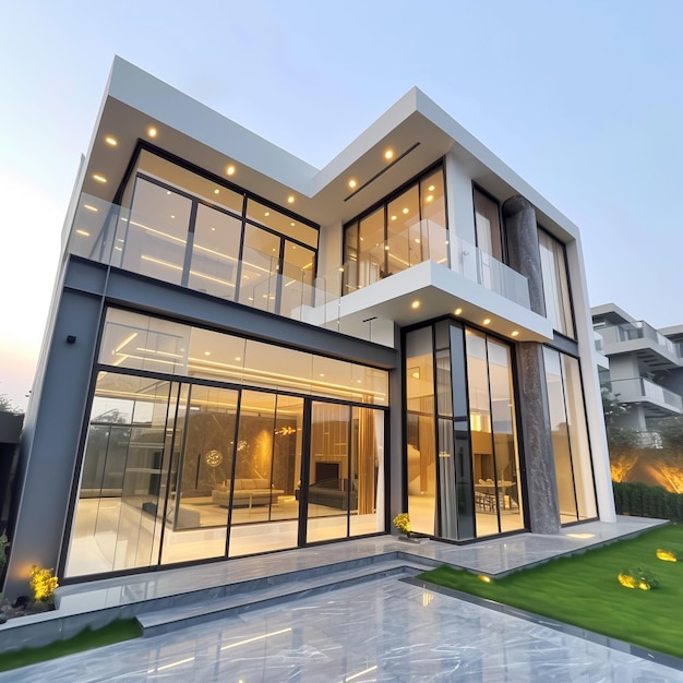 L'extérieur d'une maison moderne avec une façade en verre 3D.