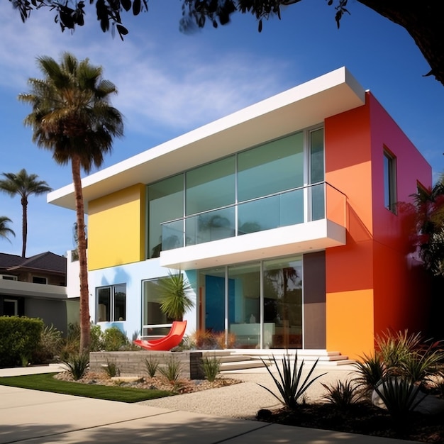 Extérieur de maison moderne avec piscine et ciel bleu