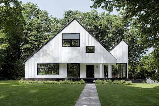 Extérieur de maison moderne avec toit triangulaire et grand jardin