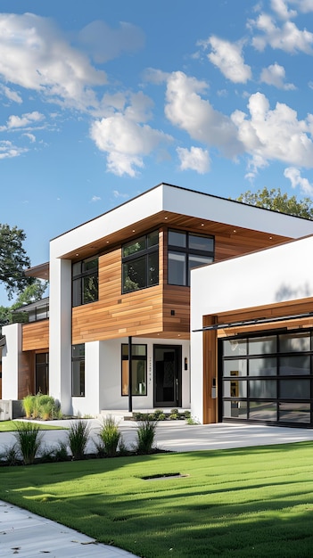 Photo de l'extérieur d'une maison moderne vue du jardin