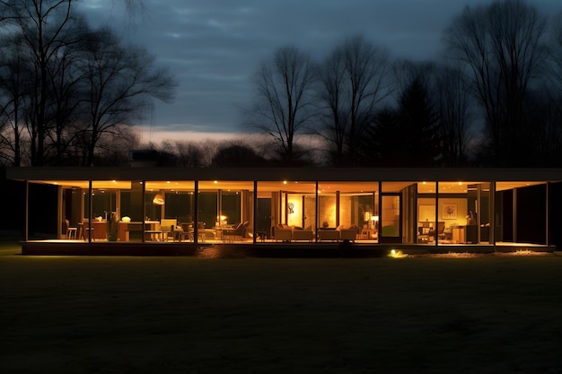 L'extérieur de la maison la nuit avec les lumières allumées.