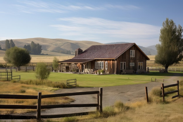 Extérieur de maison de ranch avec grange et champs en arrière-plan