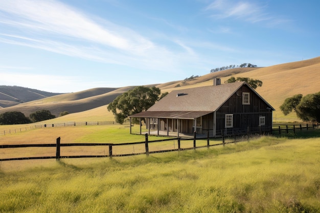 Extérieur de maison de ranch avec vue sur les collines et les pâturages remplis de chevaux