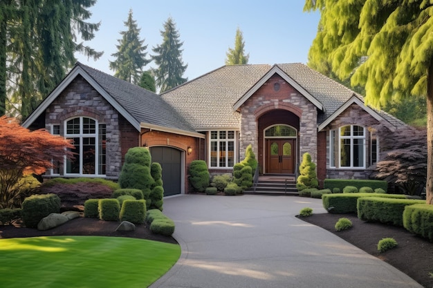 Exterior de maison de luxe avec brique et revêtement garage double et grandes fenêtres sur la façade États-Unis