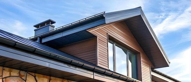 Exterior de maison moderne avec toit en acier et revêtement en bois Concept d'architecture de conception extérieure toit d'acier revêtements en bois maison moderne