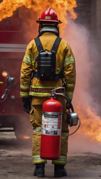 Extincteur rouge tenu par un pompier anonyme