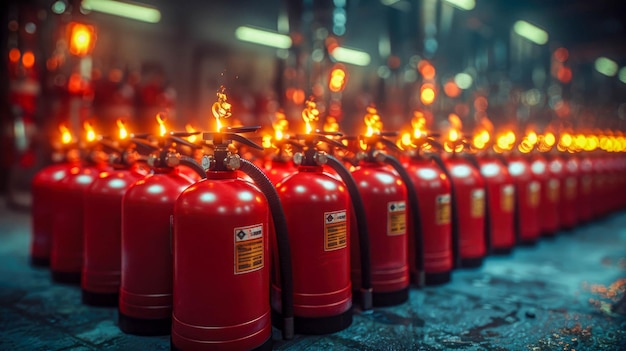 Des extincteurs rouges en rangée avec un fond bokeh