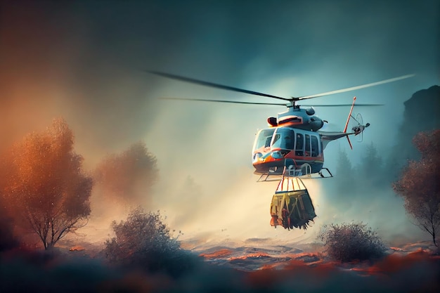 Extinction d'un feu de forêt depuis un hélicoptère AI générative