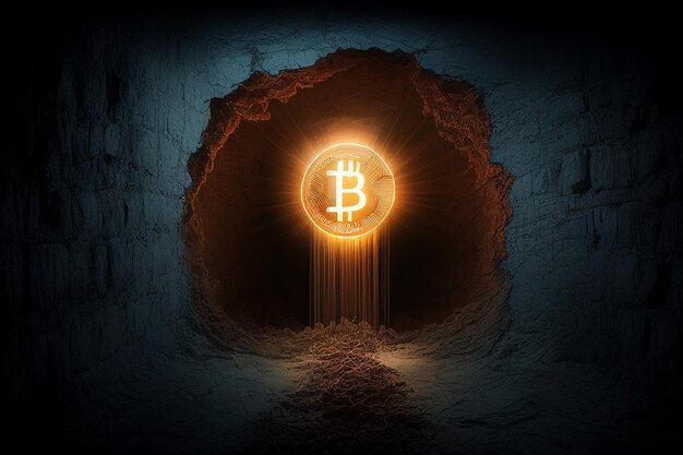 Extraction de bitcoins dorés dans une grotte profonde AI générative