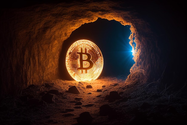 Extraction de bitcoins dorés dans une grotte profonde AI générative