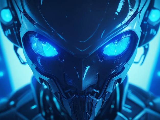 Extraterrestre cyborg futuriste aux yeux bleus brillants sur fond effrayant généré par l'IA