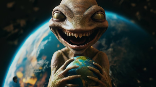 Photo un extraterrestre dans l'espace tenant la terre et riant comme un méchant un extraterrestre maléfique avec de grands yeux et des dents attaque la planète terre