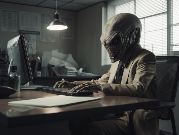 Un extraterrestre déguisé en homme d'affaires assis dans un bureau à l'intérieur d'un bureau