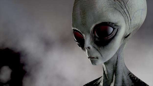 Un extraterrestre gris effrayant marche et regarde clignoter sur un fond sombre et fumé. Concept futuriste d'OVNI. rendu 3D.