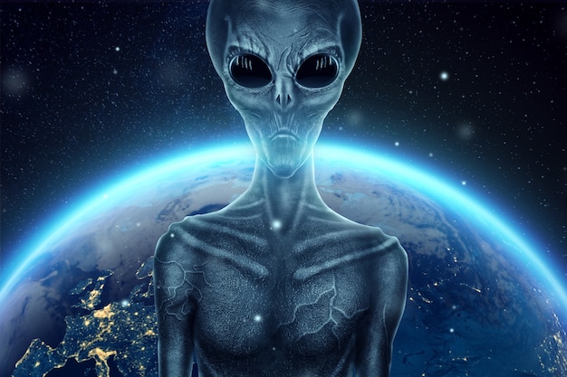 extraterrestre gris, humanoïde, avec de grands yeux noirs en verre sur le fond du globe. Concept d'OVNI, extraterrestres, contact avec la civilisation extraterrestre.