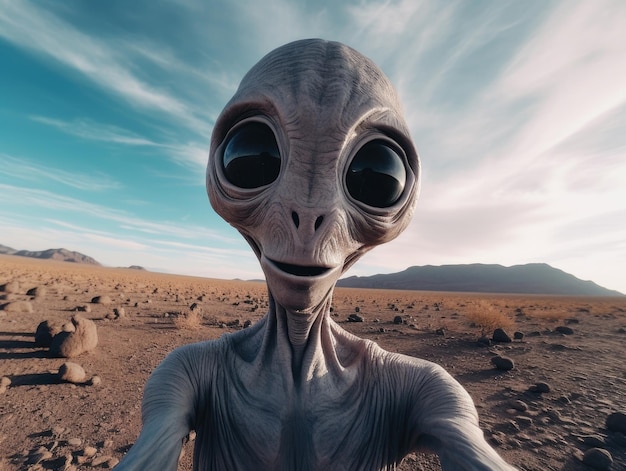 Un extraterrestre gris mince aux yeux noirs sourit en prenant un selfie devant un paysage désertique