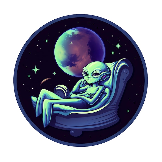 Un extraterrestre lapidé reposant sur un lit. Mascotte de style logo.