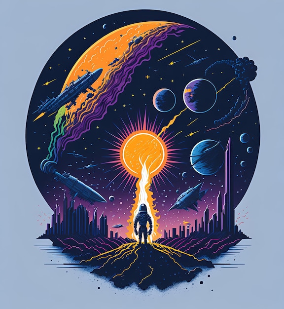 Extraterrestre avec planètes et système solaire à partir de Rocket depuis le sol illustration de la ville futuriste