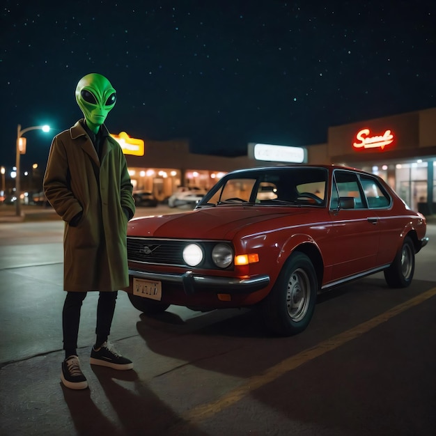 Photo l'extraterrestre portait un manteau brun dans la ville avec une voiture rouge en arrière-plan.