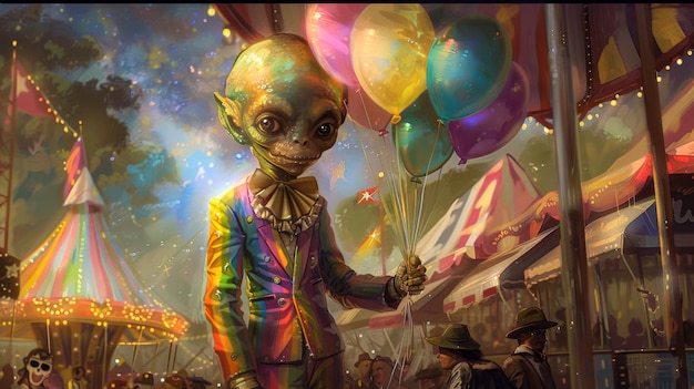 Un extraterrestre avec un regard intense porte un costume à gradient arc-en-ciel sur mesure debout dans un carnaval