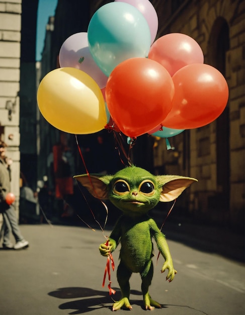 Photo un extraterrestre vert avec des ballons à l'arrière-plan avec un homme qui marche en arrière-plan