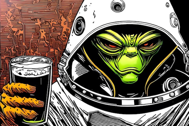 Extraterrestre vert levant un verre de bière