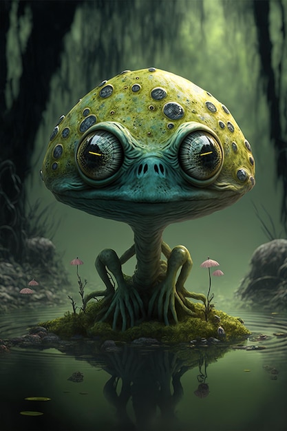 Photo un extraterrestre vert avec un visage jaune est debout dans une jungle avec une tête extraterrestre verte