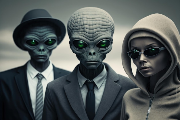 Des extraterrestres aux yeux verts et un homme portant un costume et un chapeau