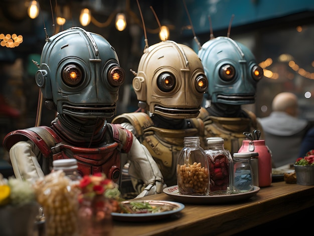 Des extraterrestres profitent d'un repas dans un restaurant Une famille d'extraterrestres