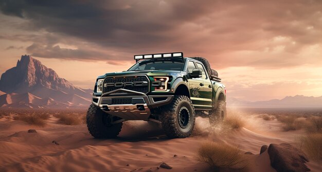 f150 raptor sur une route du désert contre le coucher de soleil dans le style d'un mélange de masculin et féminin