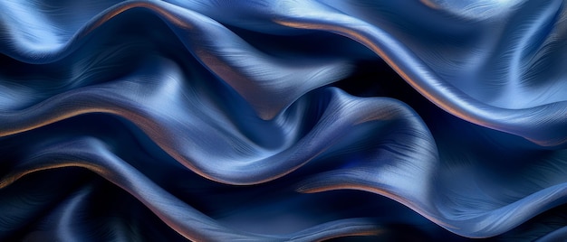 Fabric tissu satin soie couleur bleu marine Arrière-plan sombre élégant avec de l'espace pour le design Plis ondulés doux draperies gradients lignes légères Lumière brillante et étincelante modèle bannière large