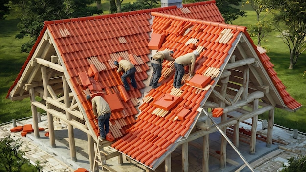 Fabrication du toit d'une maison familiale à partir de carreaux de céramique