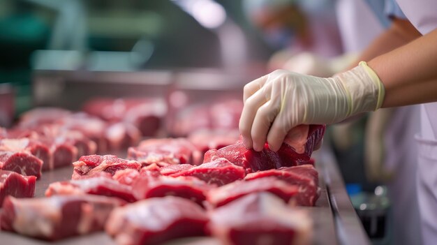 fabrication moderne de viande propre de près les ouvriers mains focalisation sélective